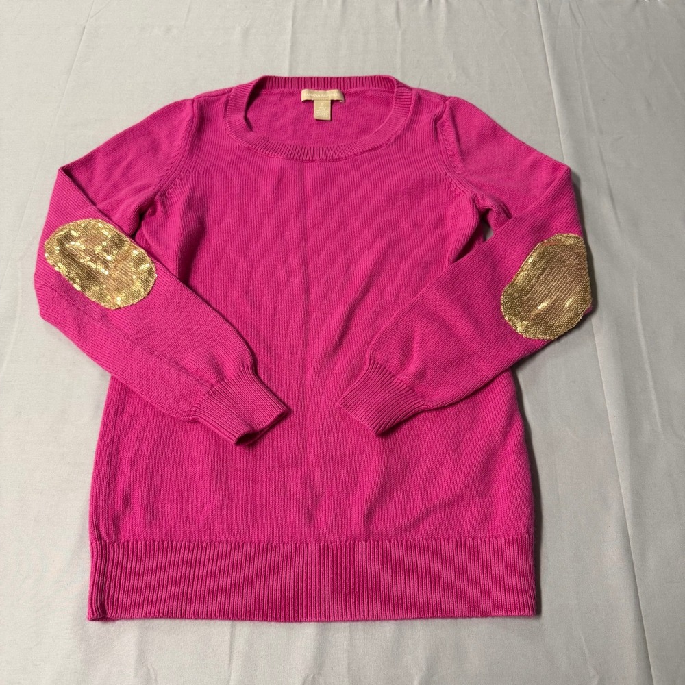 Banana Republic Pink Angora Blend Sweater Gold Sequin Elbow Patches Womens Small